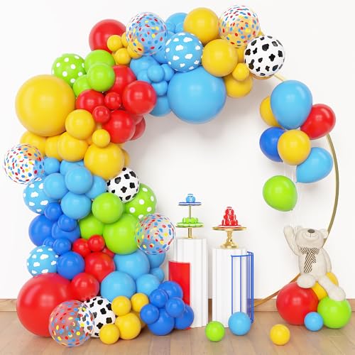 Amandir 152Pcs Blue Red Yellow Balloon Arch Garland Kit, Different Sizes 12 10 5 Cow Cloud Pattern Green Confetti Latex Balloons for Kids Cartoon Theme Birthday Baby Shower Decorations - Image 2