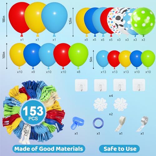 Amandir 152Pcs Blue Red Yellow Balloon Arch Garland Kit, Different Sizes 12 10 5 Cow Cloud Pattern Green Confetti Latex Balloons for Kids Cartoon Theme Birthday Baby Shower Decorations - Image 3