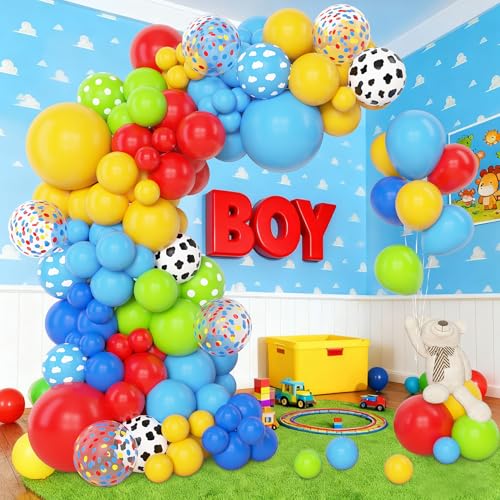 Amandir 152Pcs Blue Red Yellow Balloon Arch Garland Kit, Different Sizes 12 10 5 Cow Cloud Pattern Green Confetti Latex Balloons for Kids Cartoon Theme Birthday Baby Shower Decorations - Image 5