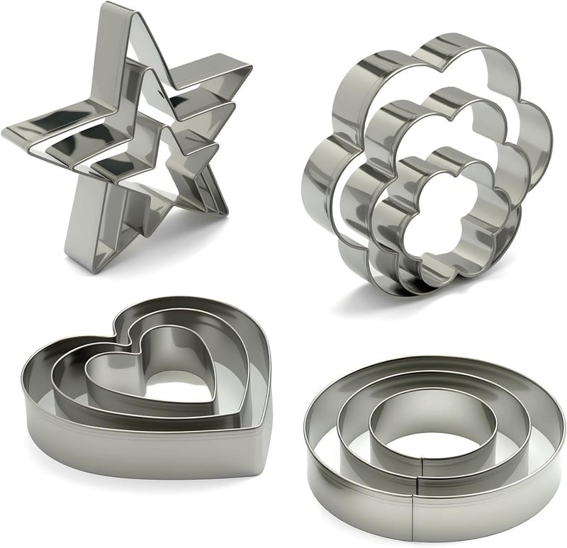 VTUGP Stainless Steel Cookie Cutters Set 12Pcs - Heart, Flower, Round, Five Star Shapes - Small to Mini Size, Metal Biscuit Cutter Molds for Baking or Holiday Party Decorations - Image 1