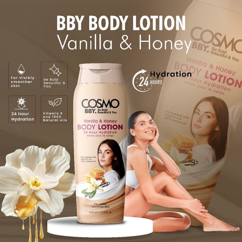 COSMO لوسيون الجسم COSMO BBY بالفانيليا والعسل، ترطيب لمدة 24 ساعة، مرطب مغذي للبشرة الناعمة والسلسة والمتألقة مع تركيبة خفيفة وسريعة الامتصاص - 400 مل - Image 2