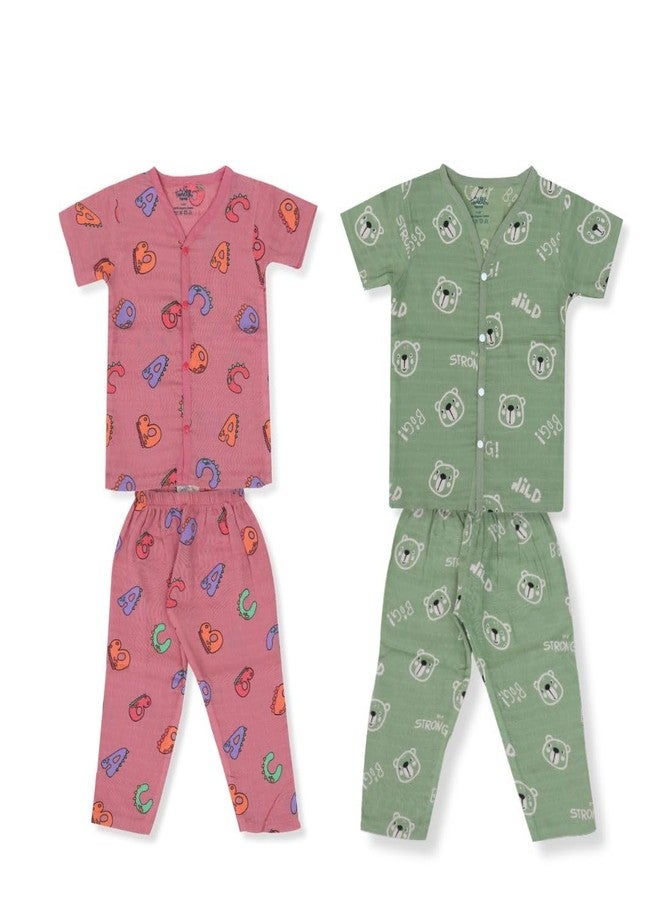 A toddler thing 100% Organic Half Sleeve Sleepsuits | Pajama Sets for Boys and Girls | Kids Nightwear | Alpha Bear | Pack of 2 | 6-9 Months - Image 1