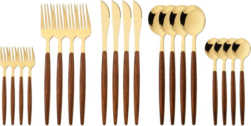 BRIIEC Wood Silverware Flatware Set 20pcs Stainless Steel Cutlery Set with wooden handle service for 4 for Home Travel Camping Mirror Polished  ThinBrown Gold - Image 1