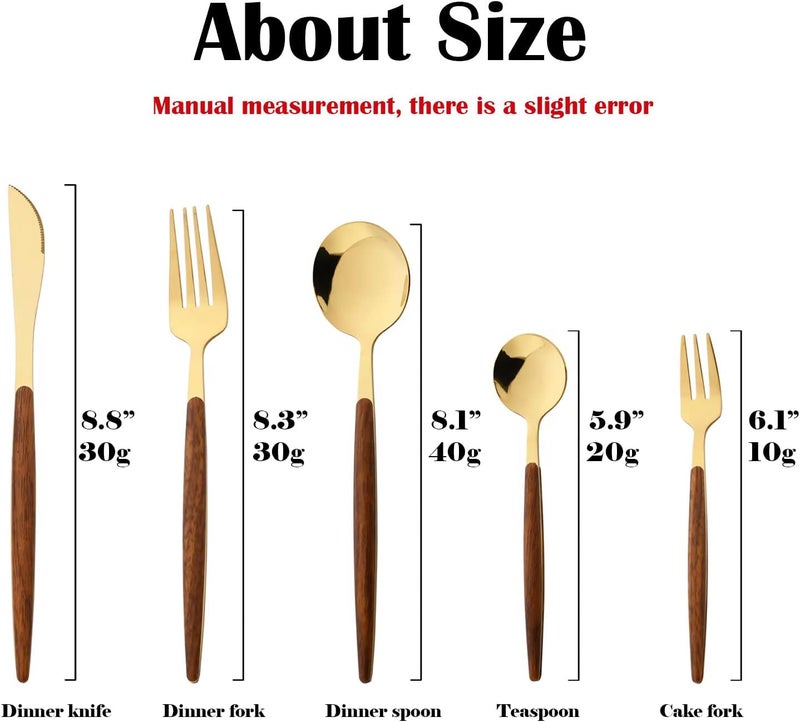 BRIIEC Wood Silverware Flatware Set 20pcs Stainless Steel Cutlery Set with wooden handle service for 4 for Home Travel Camping Mirror Polished  ThinBrown Gold - Image 3