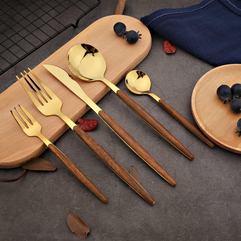 BRIIEC Wood Silverware Flatware Set 20pcs Stainless Steel Cutlery Set with wooden handle service for 4 for Home Travel Camping Mirror Polished  ThinBrown Gold - Image 4