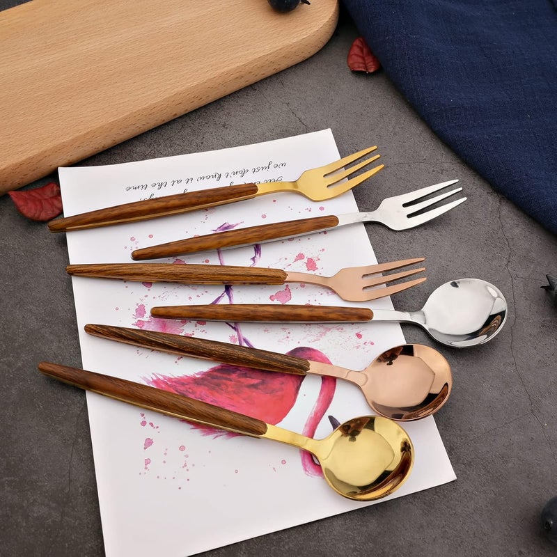 BRIIEC Wood Silverware Flatware Set 20pcs Stainless Steel Cutlery Set with wooden handle service for 4 for Home Travel Camping Mirror Polished  ThinBrown Gold - Image 5