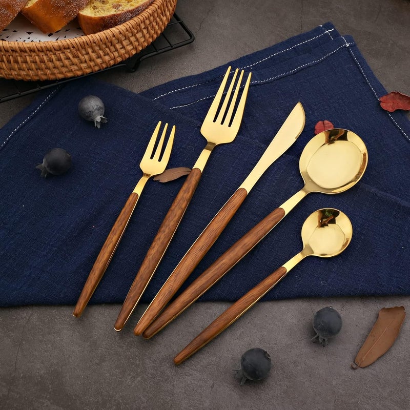 BRIIEC Wood Silverware Flatware Set 20pcs Stainless Steel Cutlery Set with wooden handle service for 4 for Home Travel Camping Mirror Polished  ThinBrown Gold - Image 2