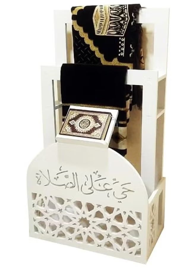 إي وورلد حامل سجادة صلاة 2-في-1 أبيض أنيق مع حامل مصحف مدمج | تصميم إسلامي مع زخارف الخط العربي | مقاوم للماء والحرارة | موفر للمساحة - Image 2