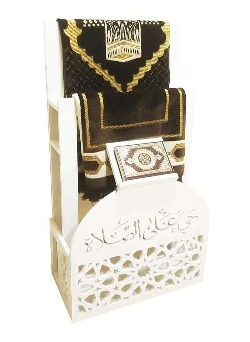 إي وورلد حامل سجادة صلاة 2-في-1 أبيض أنيق مع حامل مصحف مدمج | تصميم إسلامي مع زخارف الخط العربي | مقاوم للماء والحرارة | موفر للمساحة - Image 3