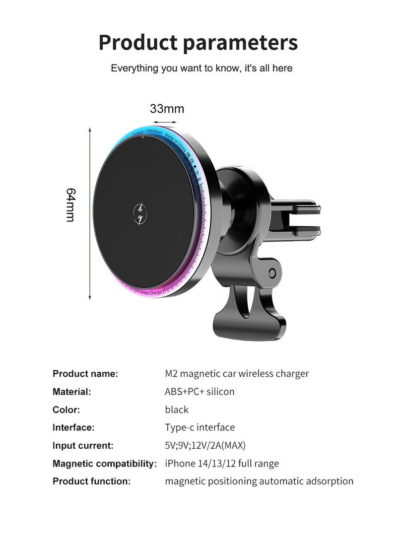 ARNOTEC Magnetic Wireless Car Charger Mount with RGB Light – 15W Fast Charging Air Vent Phone Holder for iPhone 12/13/14 Series, Auto-Lock MagSafe Phone Mount with 360° Rotation & Type-C Input  - Image 2