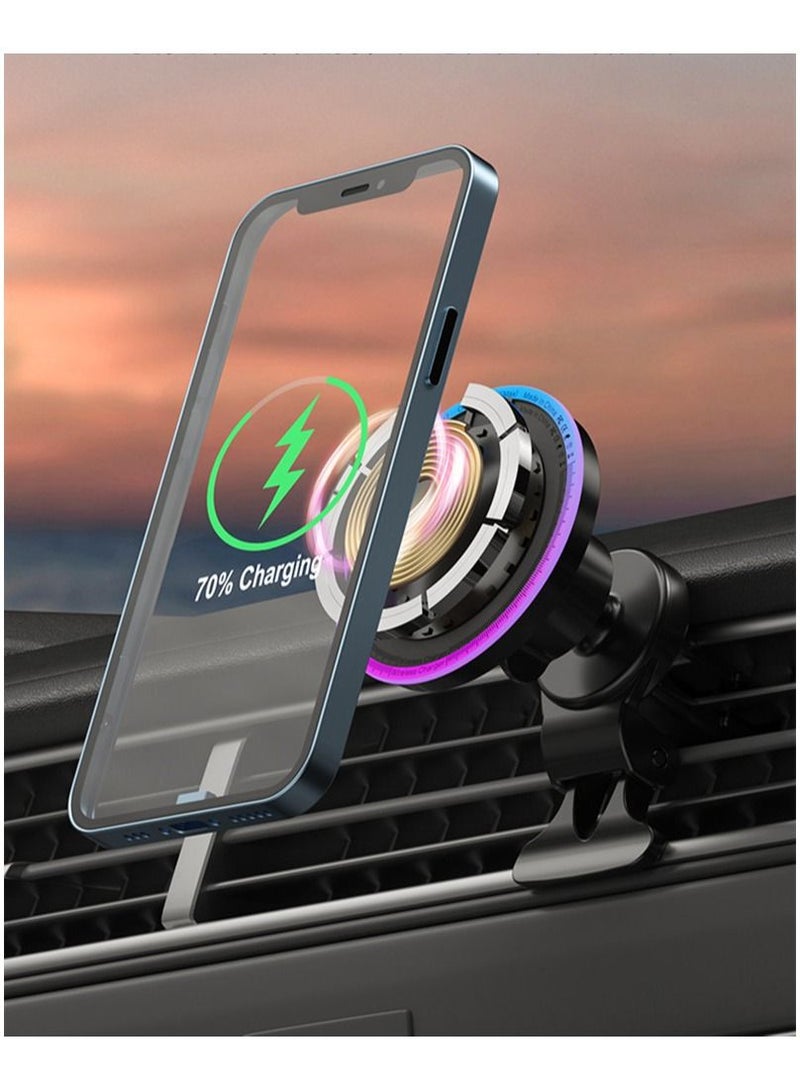 ARNOTEC Magnetic Wireless Car Charger Mount with RGB Light – 15W Fast Charging Air Vent Phone Holder for iPhone 12/13/14 Series, Auto-Lock MagSafe Phone Mount with 360° Rotation & Type-C Input  - Image 4