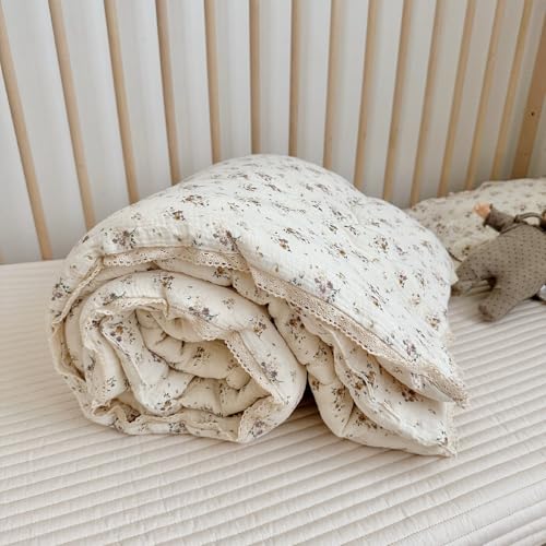 BuLuTu Muslin Baby Quilt for Girls Boys Quilted Blanket 2 Layers Gauze Cotton Baby Blanket Nursery Bed Blanket Shower Gift for Toddler Newborn Crapemyrtle Pattern 47x59 - Image 1
