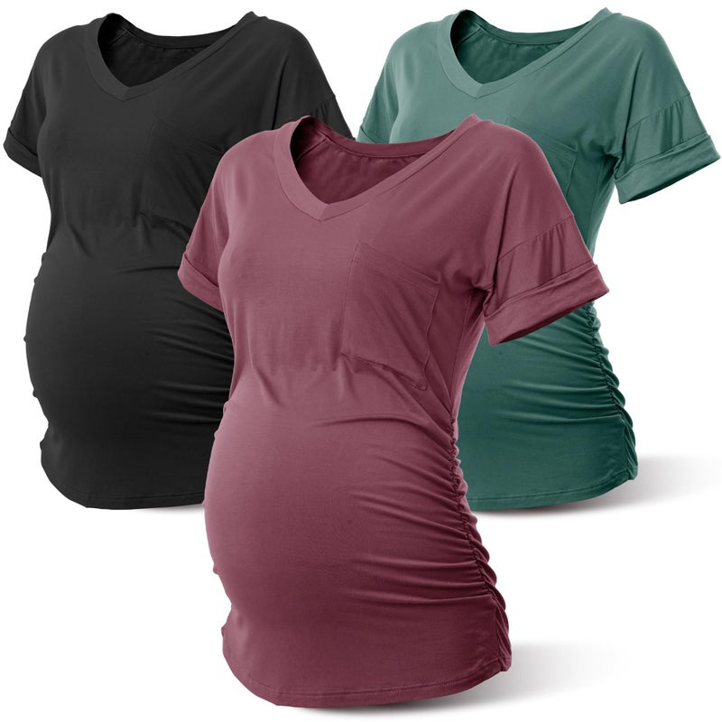 Rnxrbb Summer Maternity T Shirts Short Sleeve Pregnancy Tops Clothes V Neck for Pregnant Women 3 Pack,22 VS-Black&Teal&Purple red M - Image 1
