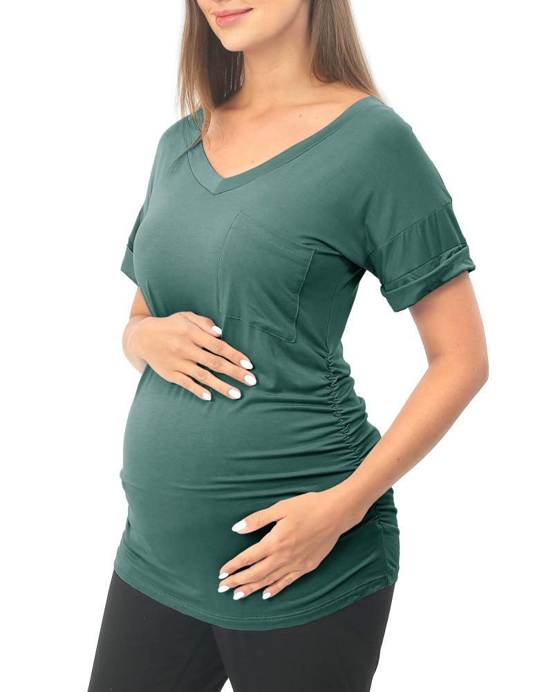 Rnxrbb Summer Maternity T Shirts Short Sleeve Pregnancy Tops Clothes V Neck for Pregnant Women 3 Pack,22 VS-Black&Teal&Purple red M - Image 3