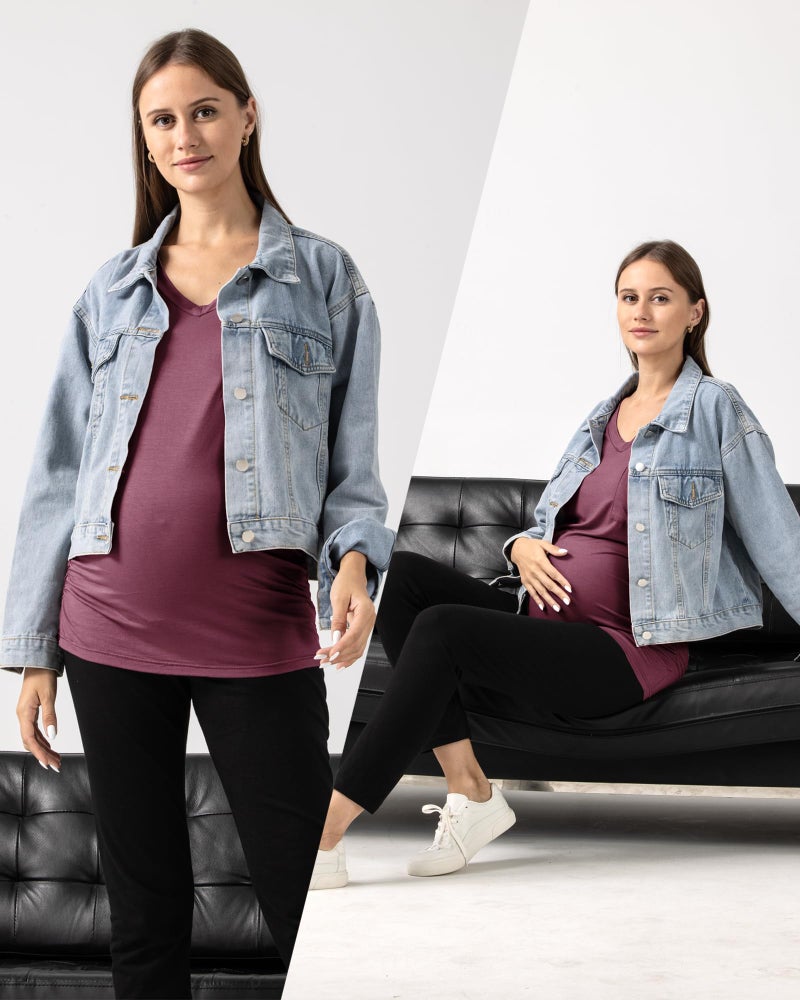 Rnxrbb Summer Maternity T Shirts Short Sleeve Pregnancy Tops Clothes V Neck for Pregnant Women 3 Pack,22 VS-Black&Teal&Purple red M - Image 2