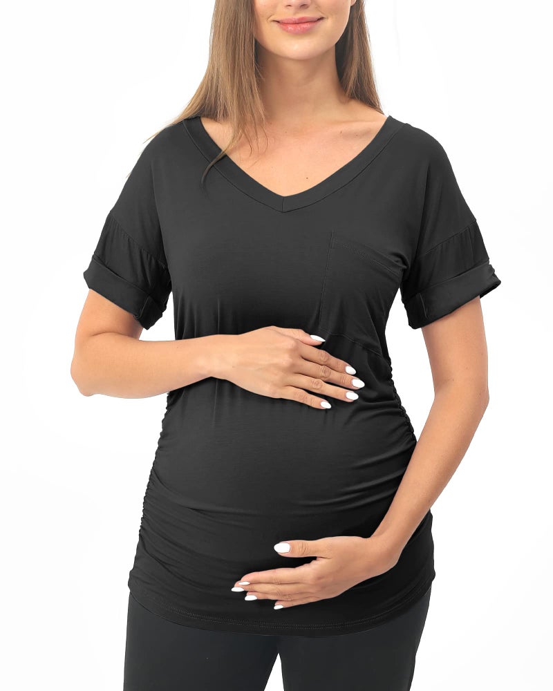 Rnxrbb Summer Maternity T Shirts Short Sleeve Pregnancy Tops Clothes V Neck for Pregnant Women 3 Pack,22 VS-Black&Teal&Purple red M - Image 4