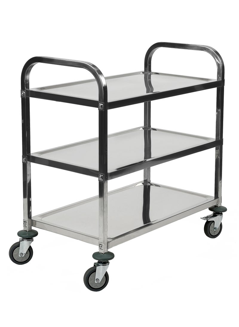 3-Tier Rolling Utility Cart | Service Trolley Suitable For Kitchens, Catering Halls, Food Service, Hotels, & Homes | 360-Degree Rotating Lockable Swivel Wheels | Stainless Steel | Small - Image 1
