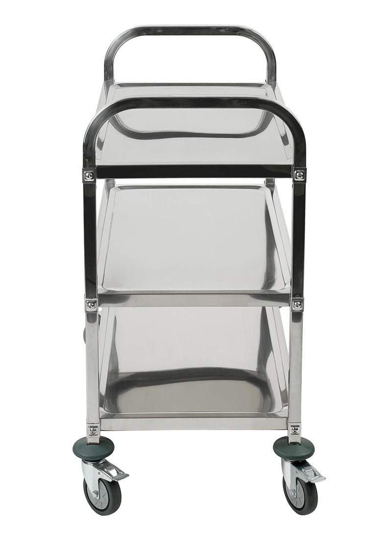 3-Tier Rolling Utility Cart | Service Trolley Suitable For Kitchens, Catering Halls, Food Service, Hotels, & Homes | 360-Degree Rotating Lockable Swivel Wheels | Stainless Steel | Small - Image 3