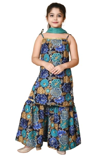 SPAMitude - Girls' Floral Printed Kurta Sharara Set | Ethnic Dress with Dupatta | Festive Traditional Outfit Boat Neck Fashion Sleeves (in, Age, 4 Years, 5 Years, Blue) - Image 4