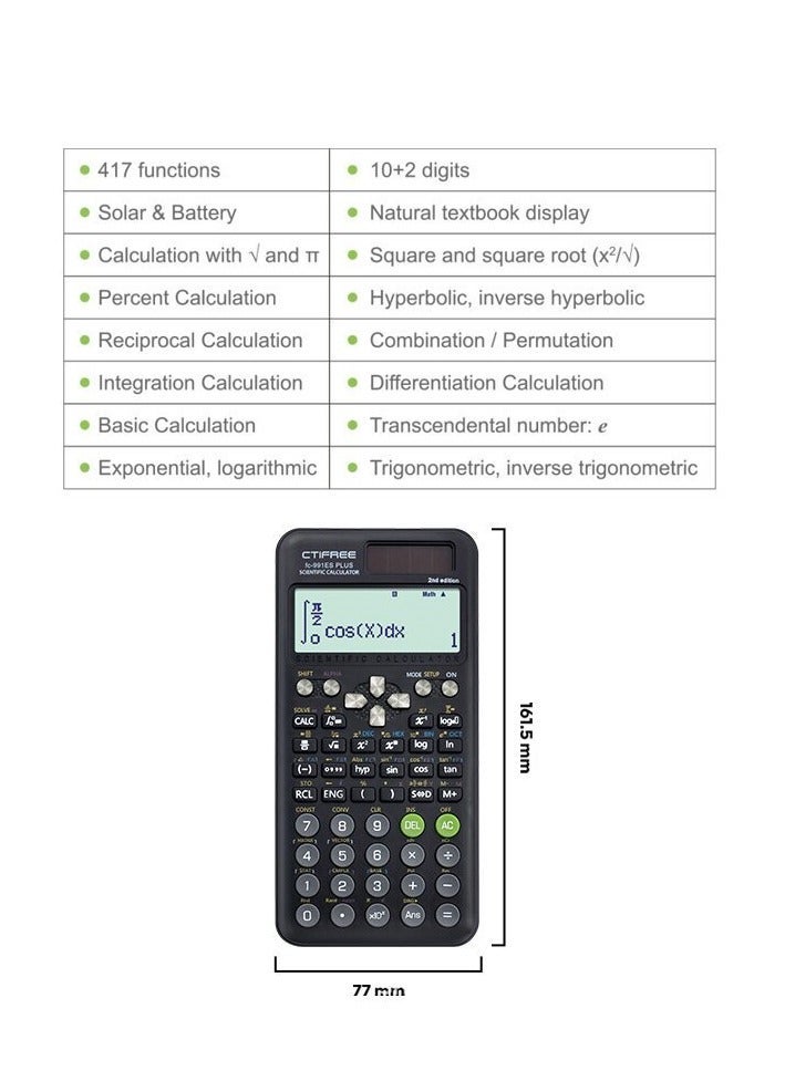 Portable FC-991 ES Plus-2nd Edition Scientific Calculator 417 Functions Matrix Complex Number Multi-Functional Function Integration Complex Equation Solving University Calculator Desk Accessories School Office Supplies (Black) - Image 4