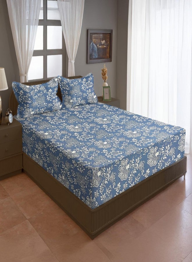 Swayam Cotton Blend Double Bedsheet with 2 Pillow Covers | Size 90 x 100 inch | 200 TC | Floral Design | Soft Breathable Bed Sheet | Comfortable & Durable for Bedroom - Blue - Image 3