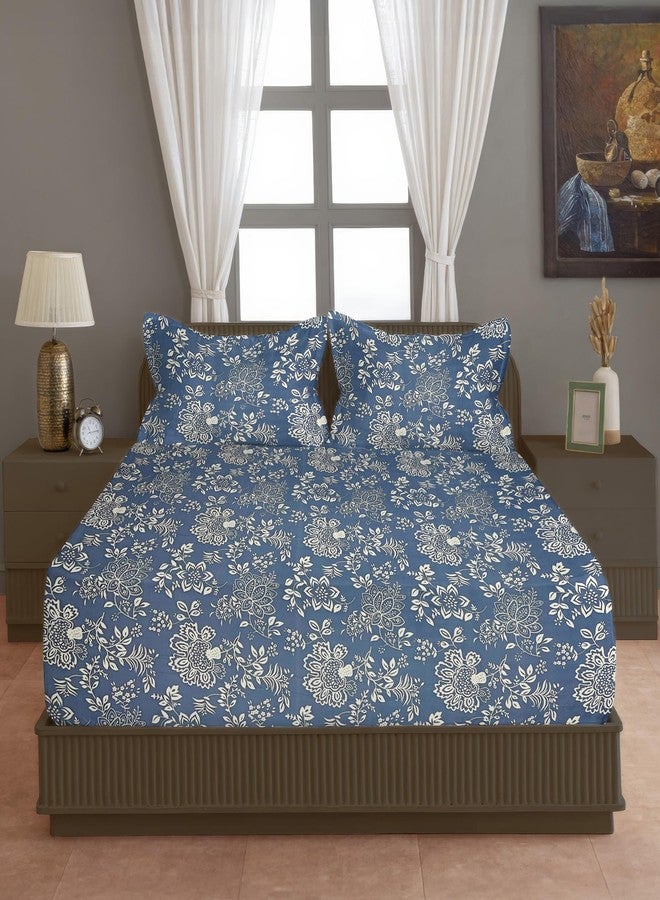Swayam Cotton Blend Double Bedsheet with 2 Pillow Covers | Size 90 x 100 inch | 200 TC | Floral Design | Soft Breathable Bed Sheet | Comfortable & Durable for Bedroom - Blue - Image 2