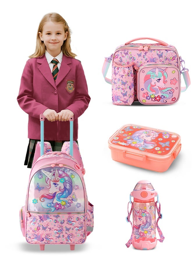 Aurlar 4PCS Trolley School Bag for Girls – Unicorn Backpack with Smooth Wheels, Adjustable Handle, Lunch Bag, Pencil Case & Water Bottle Holder, Ideal Back to School Gift for Ages 5–14 - Image 1