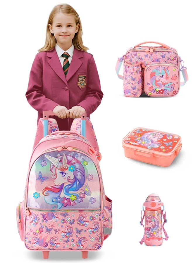 الأورلار حقيبة مدرسية بعجلات للبنات 4 قطع - تصميم يونيكورن مع عجلات سلسة ومقبض قابل للتعديل وحقيبة غداء ومقلمة وحاملة زجاجة ماء، هدية مثالية للعودة إلى المدرسة للفتيات من 5 إلى 14 سنة - Image 1