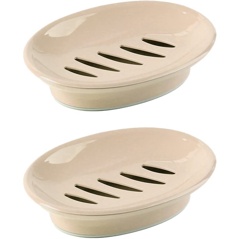 WYOK 2Pack Soap Dish with Drain Plastic Sponge Holder Easy Cleaning Soap Saver Tray Caddy Keep Dry Stop Mushy for Shower Bathroom KitchenKhaki