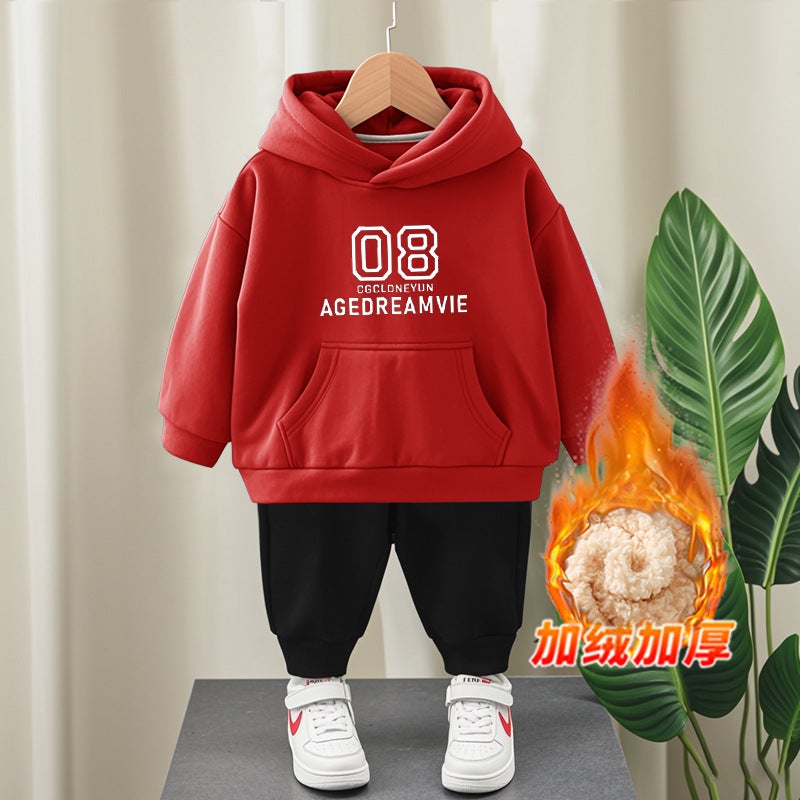 Boys And Girls Suit Big Children Hooded Sweater Cotton Fleece-Lined Thick - Image 1