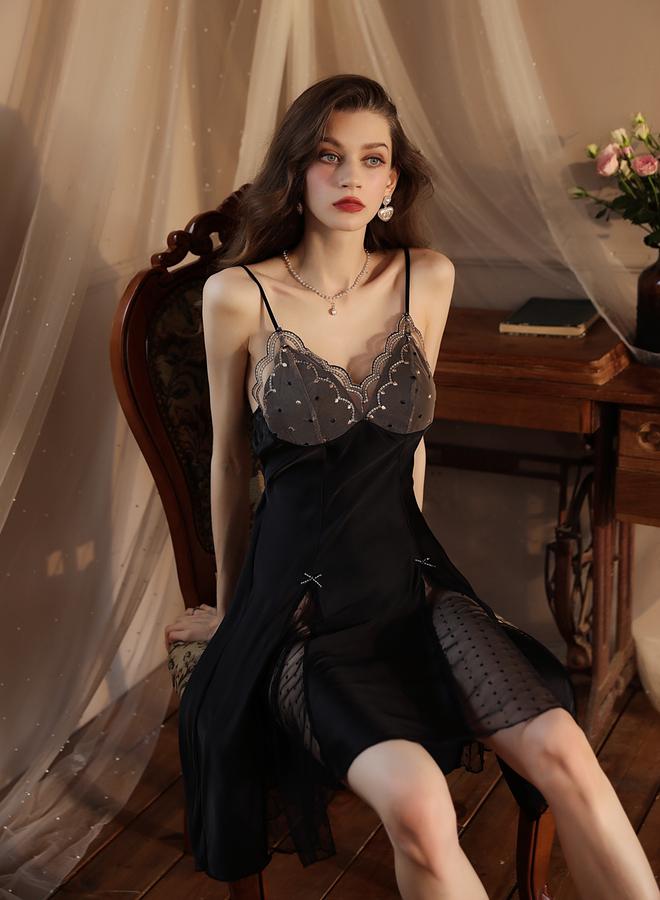 Take Two Black Lace Insert Tie-Up Back Babydoll - Image 1