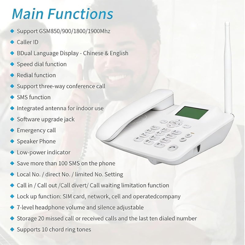 NEELABIL Fixed Wireless Phone 4G Desktop Telephone Support 850/900/1800/1900MHZ GSM Card Cordless Phone with Radio Alarm Clock SMS Funtion for House Home Call Center Office Company Hotel - Image 4