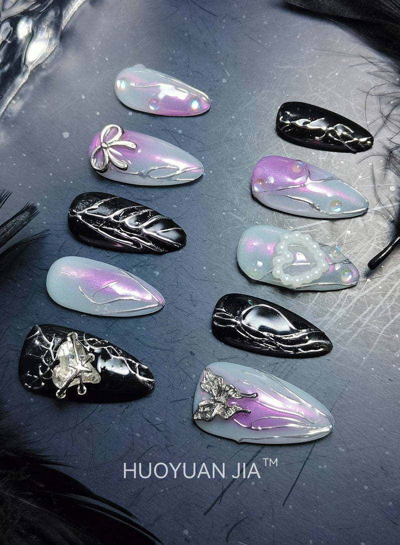 HUOYUAN JIA 10 Pieces Handmade Press On Nails,Reusable and Removable Almond Shaped French Style Fake Nails,Peach Heart and Bow Decoration,Comes with A Rubbing Strip and A Piece of Jelly Glue for Fashionable Women's Holiday Gifts,Fake Nail Set  - Image 1