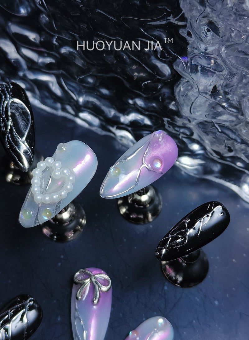 HUOYUAN JIA 10 Pieces Handmade Press On Nails,Reusable and Removable Almond Shaped French Style Fake Nails,Peach Heart and Bow Decoration,Comes with A Rubbing Strip and A Piece of Jelly Glue for Fashionable Women's Holiday Gifts,Fake Nail Set  - Image 5