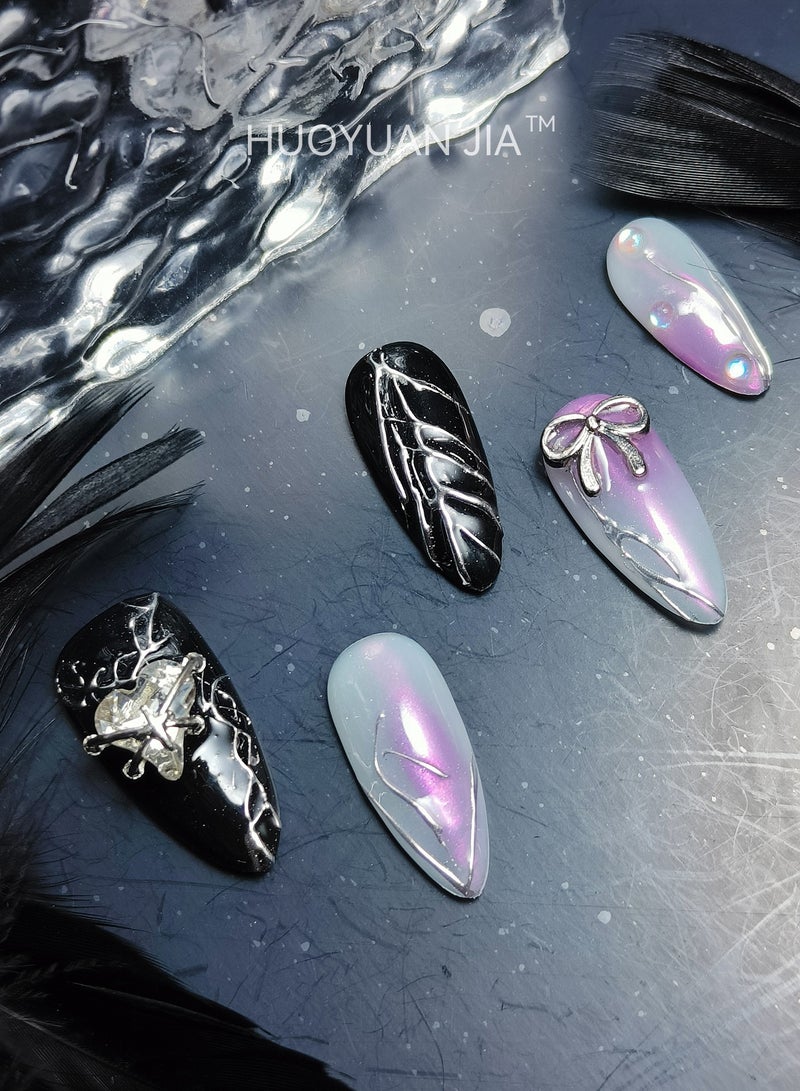HUOYUAN JIA 10 Pieces Handmade Press On Nails,Reusable and Removable Almond Shaped French Style Fake Nails,Peach Heart and Bow Decoration,Comes with A Rubbing Strip and A Piece of Jelly Glue for Fashionable Women's Holiday Gifts,Fake Nail Set  - Image 2