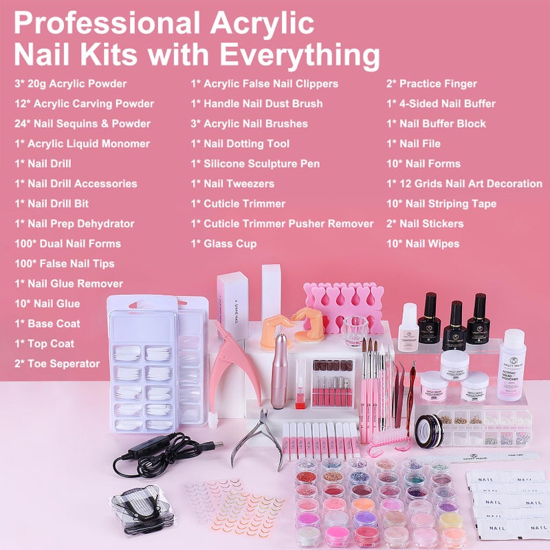 SWEET TREND Acrylic Nail Kit with Everything: Beginners Set with Drill - Professional Acrylic Powder Glitter Monomer False Tips Top Base Coat Starter Kit - Full Decorations Nail Supplies for Nail Extensions Gift - Image 2