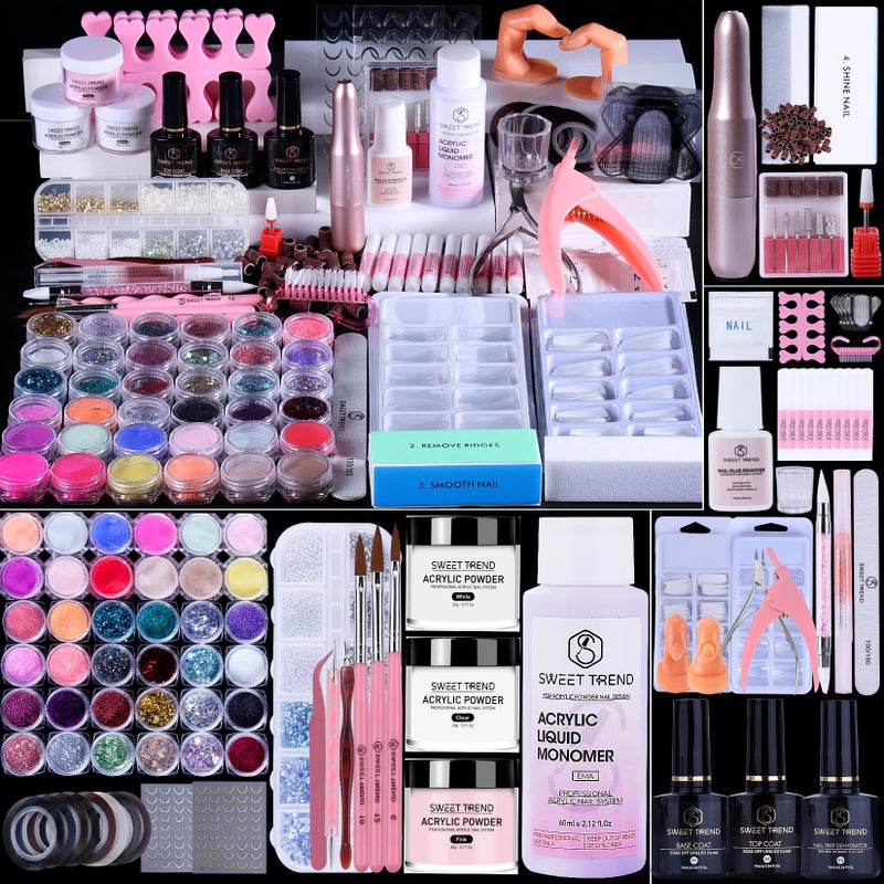 SWEET TREND Acrylic Nail Kit with Everything: Beginners Set with Drill - Professional Acrylic Powder Glitter Monomer False Tips Top Base Coat Starter Kit - Full Decorations Nail Supplies for Nail Extensions Gift - Image 1