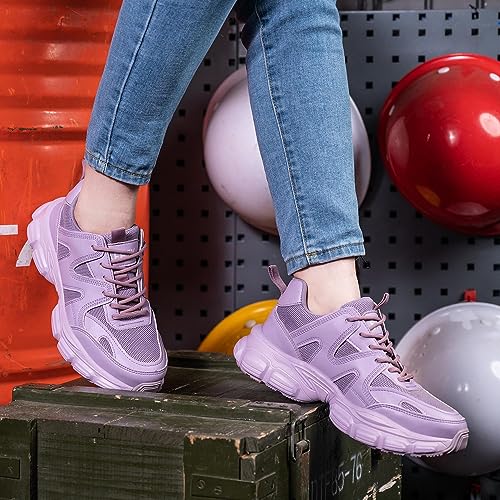 COOU Safety Shoes for Women Steel Toe Shoes Lightweight Comfortable Non Slip Thickened Sole Puncture Proof Steel Toe Sneakers Women Size 5.5 Purple - Image 2