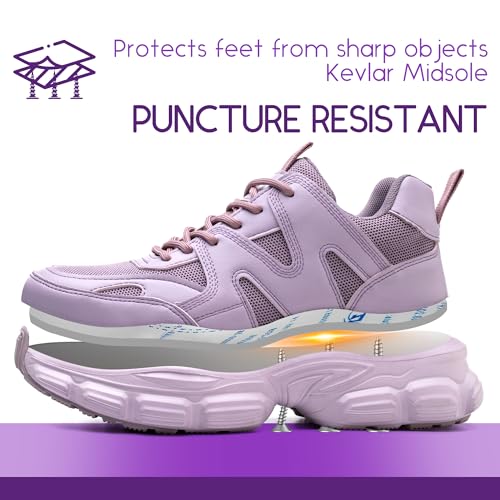 COOU Safety Shoes for Women Steel Toe Shoes Lightweight Comfortable Non Slip Thickened Sole Puncture Proof Steel Toe Sneakers Women Size 5.5 Purple - Image 4