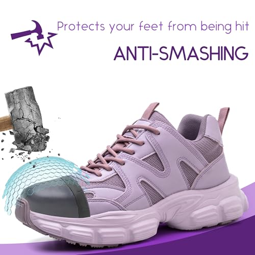 COOU Safety Shoes for Women Steel Toe Shoes Lightweight Comfortable Non Slip Thickened Sole Puncture Proof Steel Toe Sneakers Women Size 5.5 Purple - Image 5