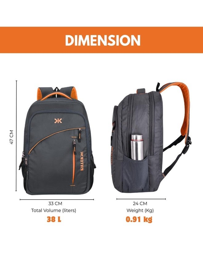 KILLER Louis 38L Large Laptop Backpack with 3 Compartments Polyester Trendy Waterproof Travel Backpack (Grey) - Image 5