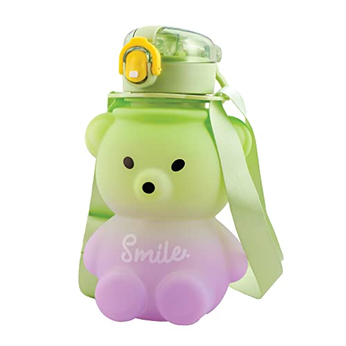 Koochie-Koo Teddy Bear Plastic Water Bottle for Kids, Push Button Open Kids Water Bottle with Straw, Sipper Bottle for Kids with Adjustable Strap and Stickers, 800ml, (Pack of 1, Green) - Image 1