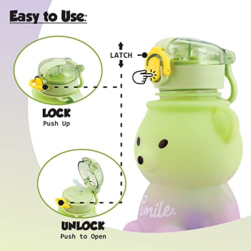 Koochie-Koo Teddy Bear Plastic Water Bottle for Kids, Push Button Open Kids Water Bottle with Straw, Sipper Bottle for Kids with Adjustable Strap and Stickers, 800ml, (Pack of 1, Green) - Image 2