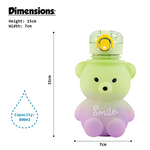 Koochie-Koo Teddy Bear Plastic Water Bottle for Kids, Push Button Open Kids Water Bottle with Straw, Sipper Bottle for Kids with Adjustable Strap and Stickers, 800ml, (Pack of 1, Green) - Image 4