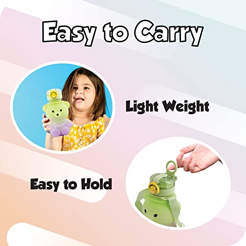 Koochie-Koo Teddy Bear Plastic Water Bottle for Kids, Push Button Open Kids Water Bottle with Straw, Sipper Bottle for Kids with Adjustable Strap and Stickers, 800ml, (Pack of 1, Green) - Image 3