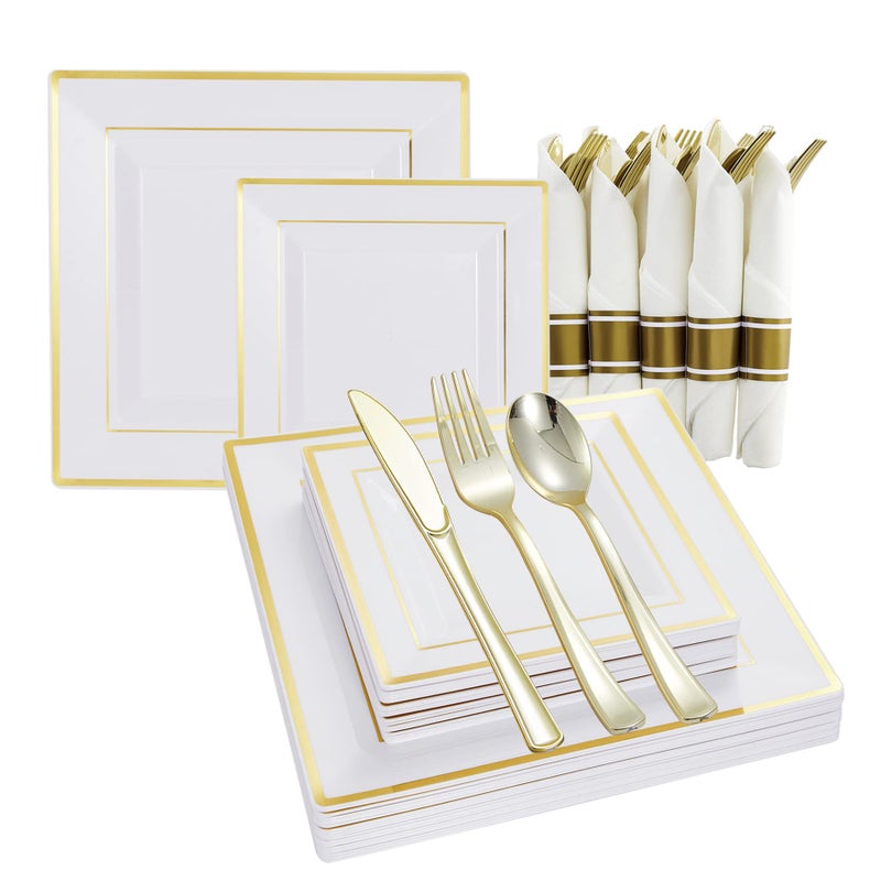 IPSW Square Plastic PlatesSilverware wPerRolled Napkin SetParties Plastic Dinnerware incl Dinner PlatesSalad PlateNapkinsDisposable Cutlery 20Guests