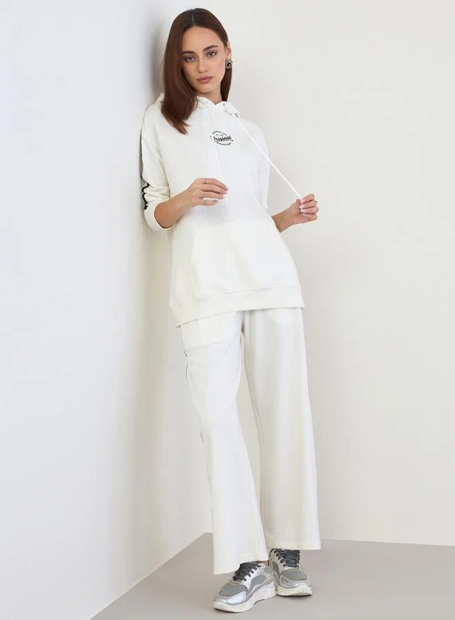 Styli Styli Off White Printed Longline Hoodie and Joggers Co-Ords