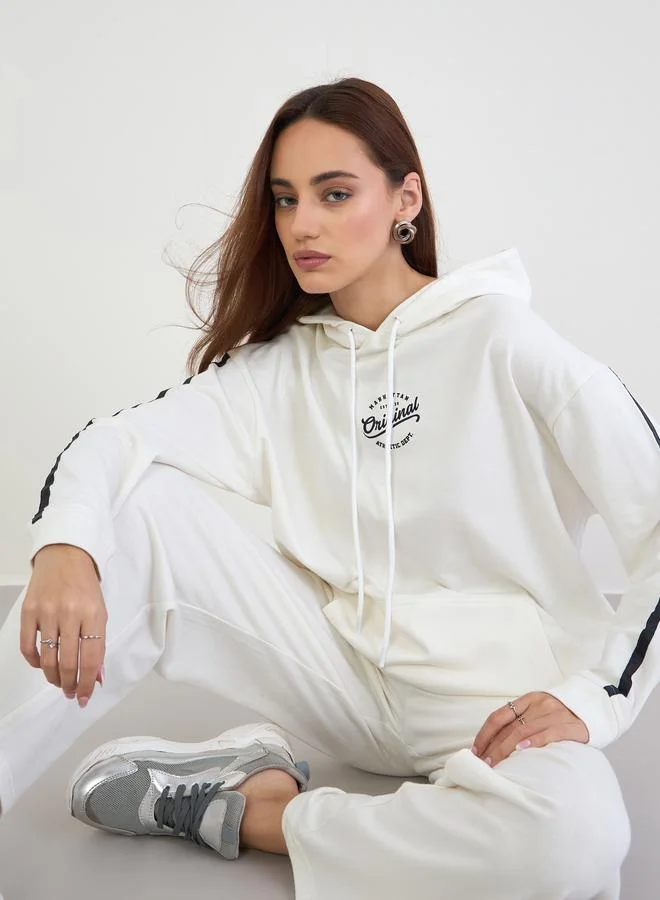Styli Styli Off White Printed Longline Hoodie and Joggers Co-Ords