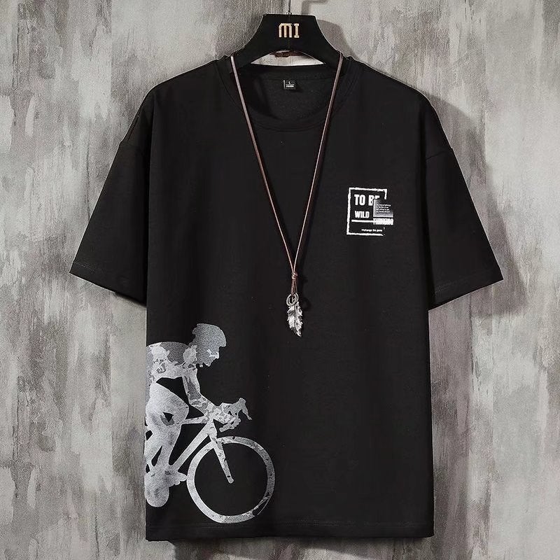 Short-sleeved mens thin simple 2024T-shirt new loose round neck summer ins tide Hong Kong style student mens stall wholesale Black [bicycle] short sleeve