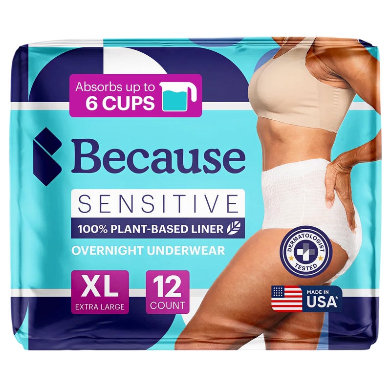 Because Adult Incontinence Underwear for Sensitive Skin - Women - Premium Overnight Disposable Briefs, Anti Odor - White, X-Large - Absorbs 6 Cups - 12 Count (Pack of 1) - Image 1